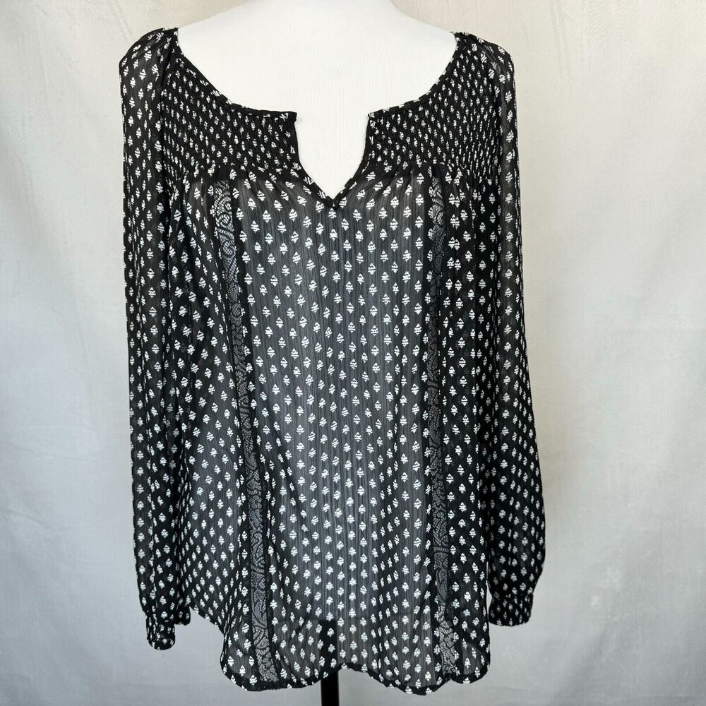 Princess Vera Wang Sz M Sheer Black Top white Print Boho Long Sleeve Split Neck